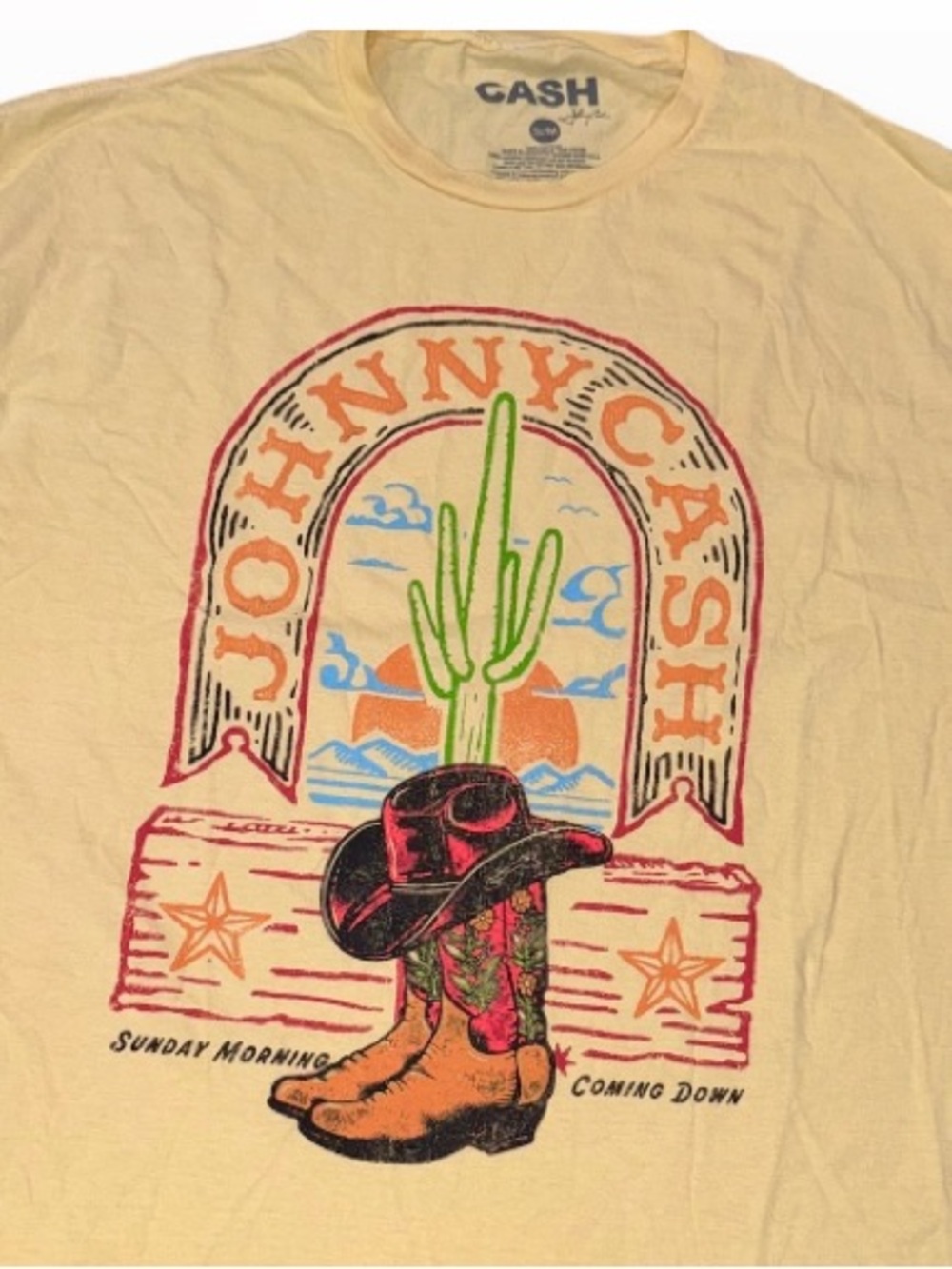 Johnny Cash Graphic Tee with Cactus and Boots-Yellow-Size L/XL